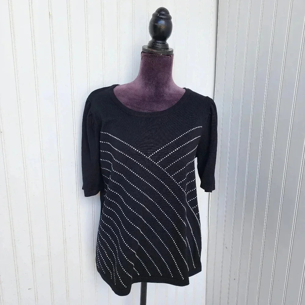 Madison Paris 3/4 Sleeve Crew Neck Sweater Knit Top Studded Rhinestones Black XL